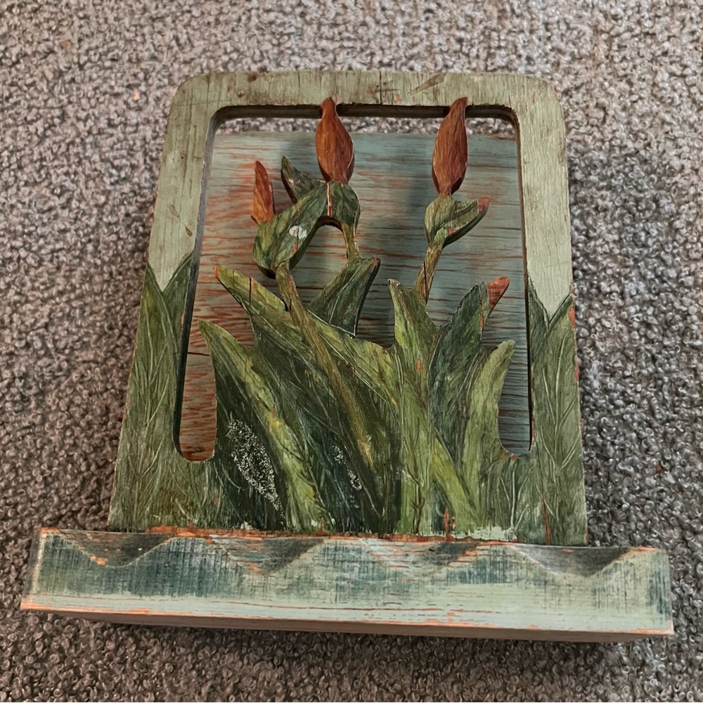 🏡 Vintage Country Napkin/Mail Holder Wood Handcrafted Cattails in Pond EUC